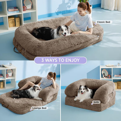 Luxury Warm Foldable 3-in-1 Human Dog Bed for Adults – Cozy Fluffy Faux Fur Lounge Sofa with Orthopedic Support