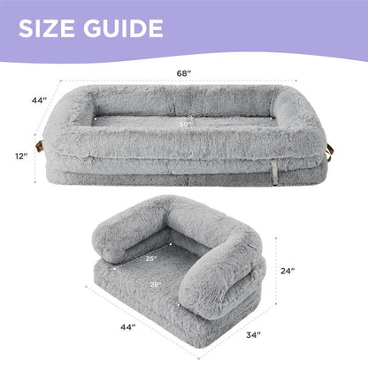 Luxury Warm Foldable 3-in-1 Human Dog Bed for Adults – Cozy Fluffy Faux Fur Lounge Sofa with Orthopedic Support