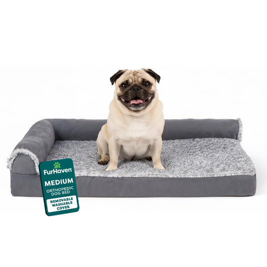 Rivosta™ L-Shape Dog Sofa Bed | Medium Orthopedic Egg-Crate & Memory Foam Chaise with Removable Washable Faux-Fur & Suede Cover (Stone Grey)