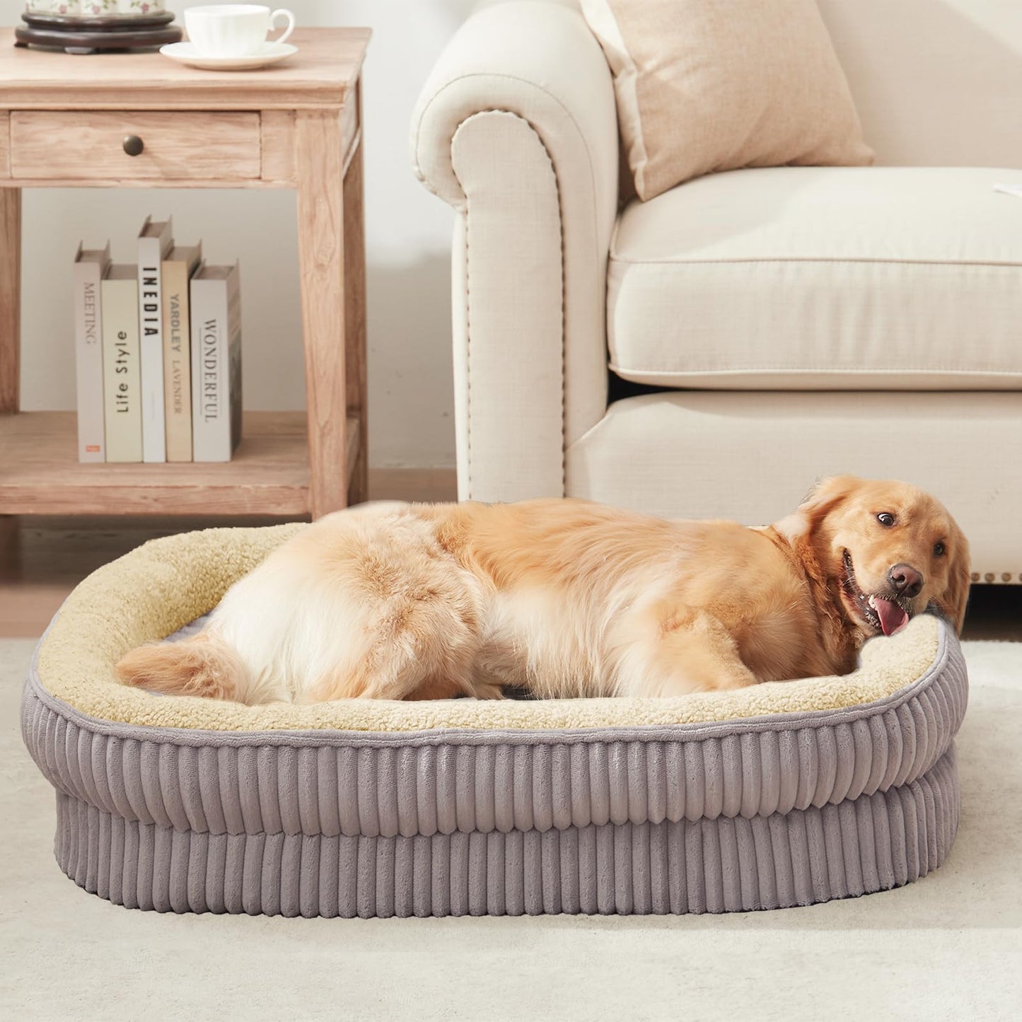 Rivosta™ Oval Dog Sofa Bed | Orthopedic Egg-Crate Foam Kennel with 4-Sided Bolster, Removable Washable Cover & Nonslip Base (Medium Breeds)