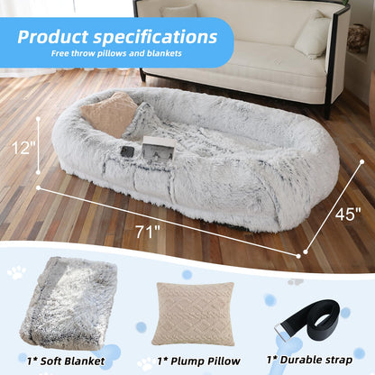 Rivosta™ Human-Pet Lounger Bed | XXL 71" × 45" Orthopedic Faux-Fur Bed with Plush Pillow, Blanket & Carry Strap (Grey)