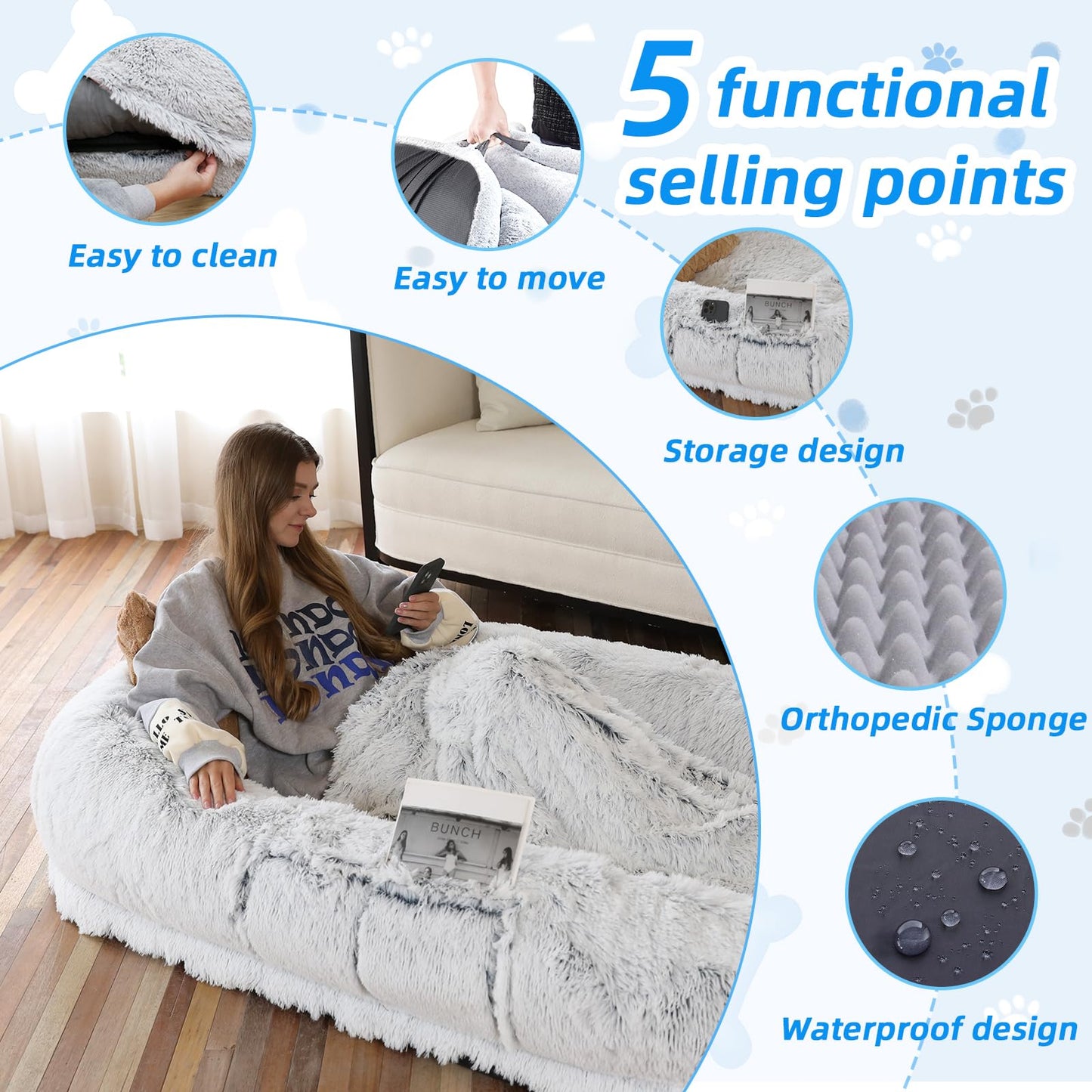 Rivosta™ Human-Pet Lounger Bed | XXL 71" × 45" Orthopedic Faux-Fur Bed with Plush Pillow, Blanket & Carry Strap (Grey)