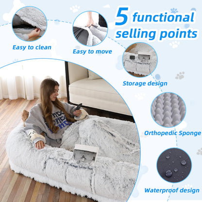 Rivosta™ Human-Pet Lounger Bed | XXL 71" × 45" Orthopedic Faux-Fur Bed with Plush Pillow, Blanket & Carry Strap (Grey)