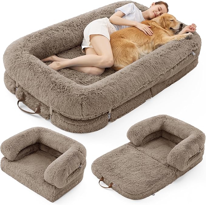 Luxury Warm Foldable 3-in-1 Human Dog Bed for Adults – Cozy Fluffy Faux Fur Lounge Sofa with Orthopedic Support