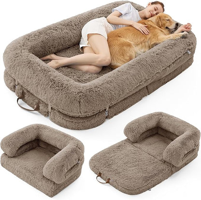 Luxury Warm Foldable 3-in-1 Human Dog Bed for Adults – Cozy Fluffy Faux Fur Lounge Sofa with Orthopedic Support